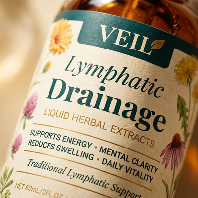 Close-up of the VEIL Lymphatic Drainage label with botanical illustrations