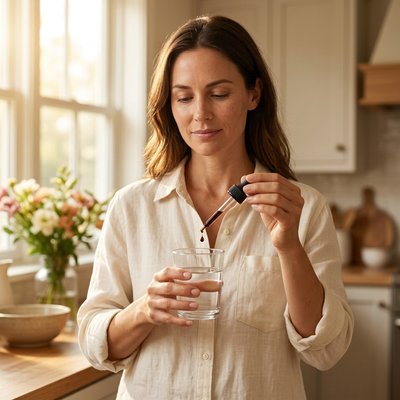 Woman adding VEIL drops to a glass of water in morning light